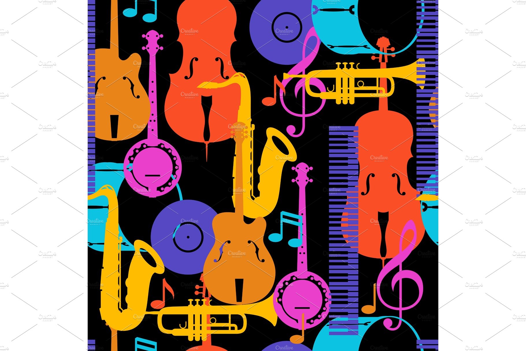 Jazz music seamless pattern with musical instruments cover image.