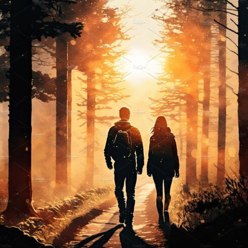 Hiking concept. Couple going walk among the forest in sunny rays, back view... cover image.