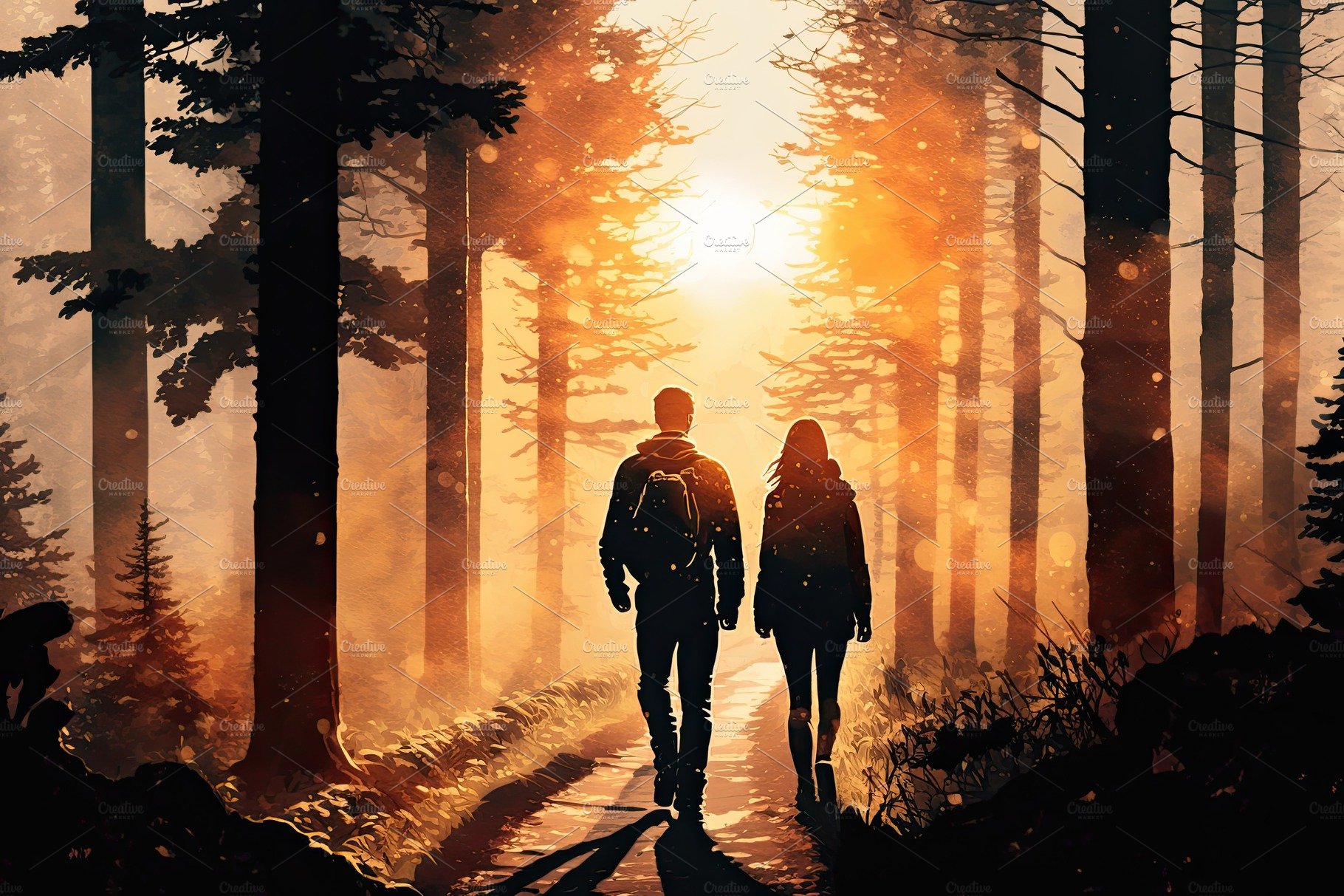 Hiking concept. Couple going walk among the forest in sunny rays, back view... cover image.