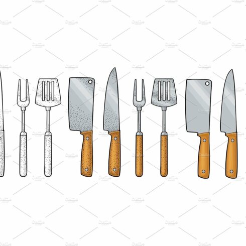 Set BBQ utensils. Spatula, fork cover image.
