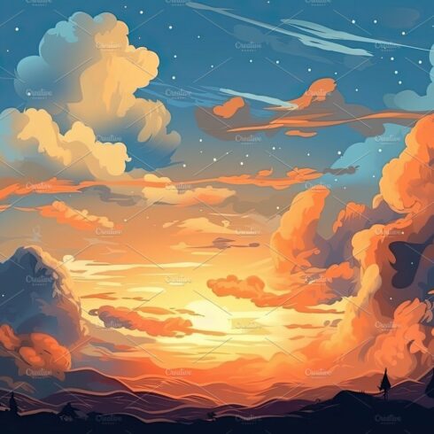 Illustrated sky with clouds, sun, stars, and sunrise or sunset. cover image.