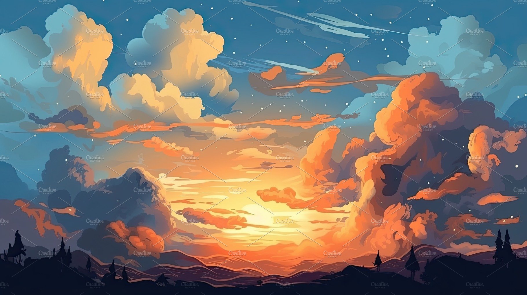 Illustrated sky with clouds, sun, stars, and sunrise or sunset. cover image.