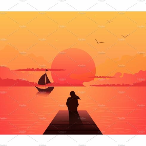 Lonely woman silhouette on sunset cover image.