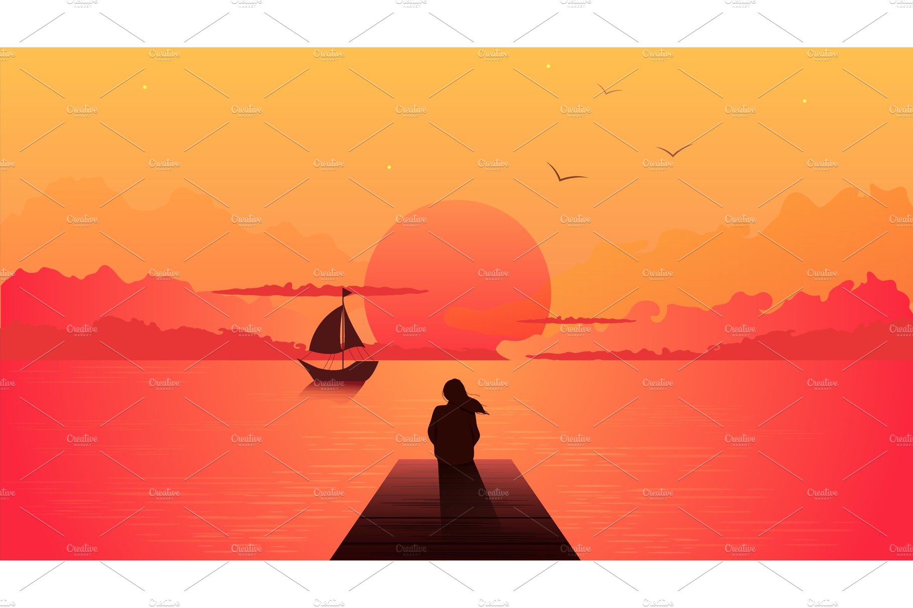 Lonely woman silhouette on sunset cover image.