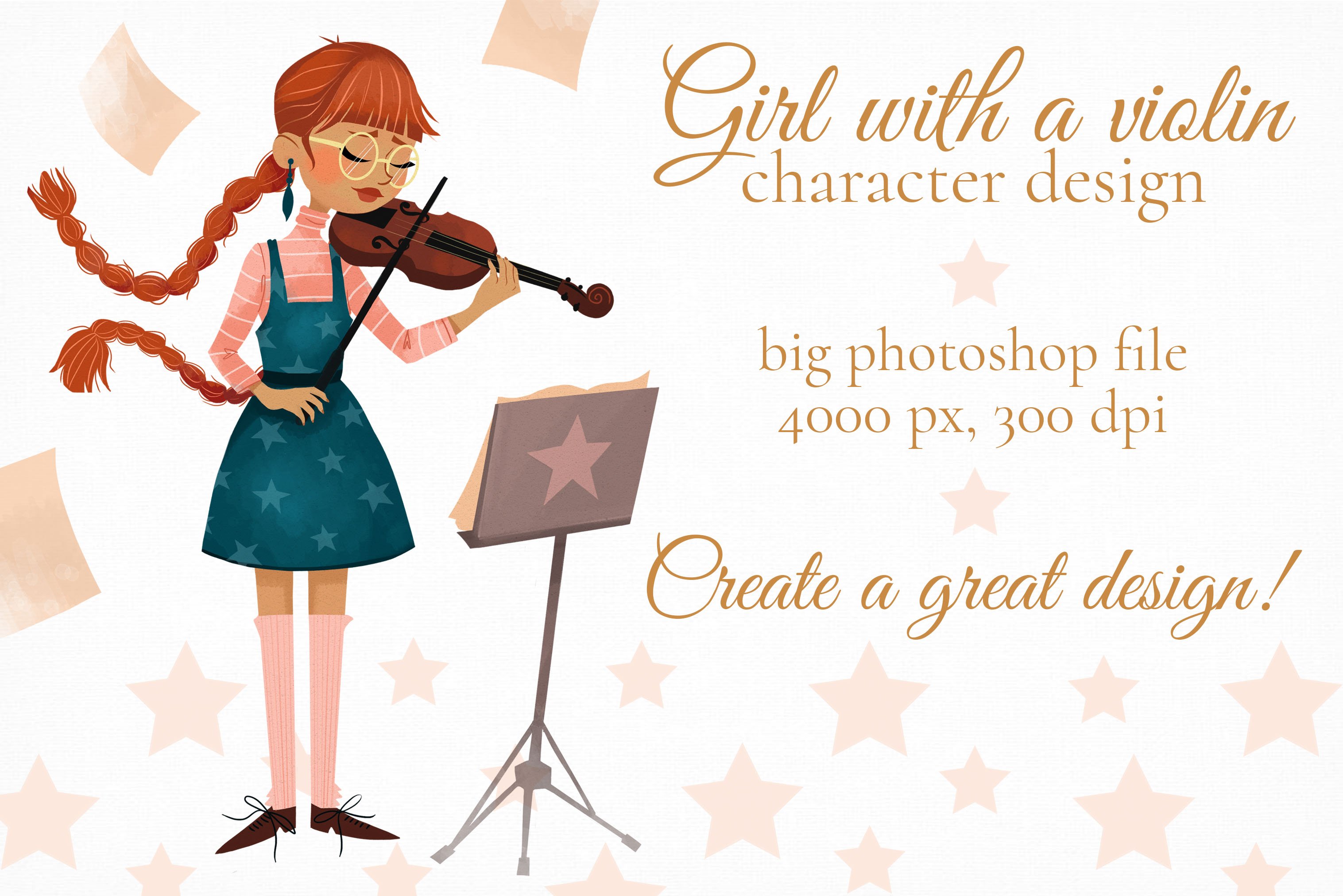 Girl with a violin character design preview image.