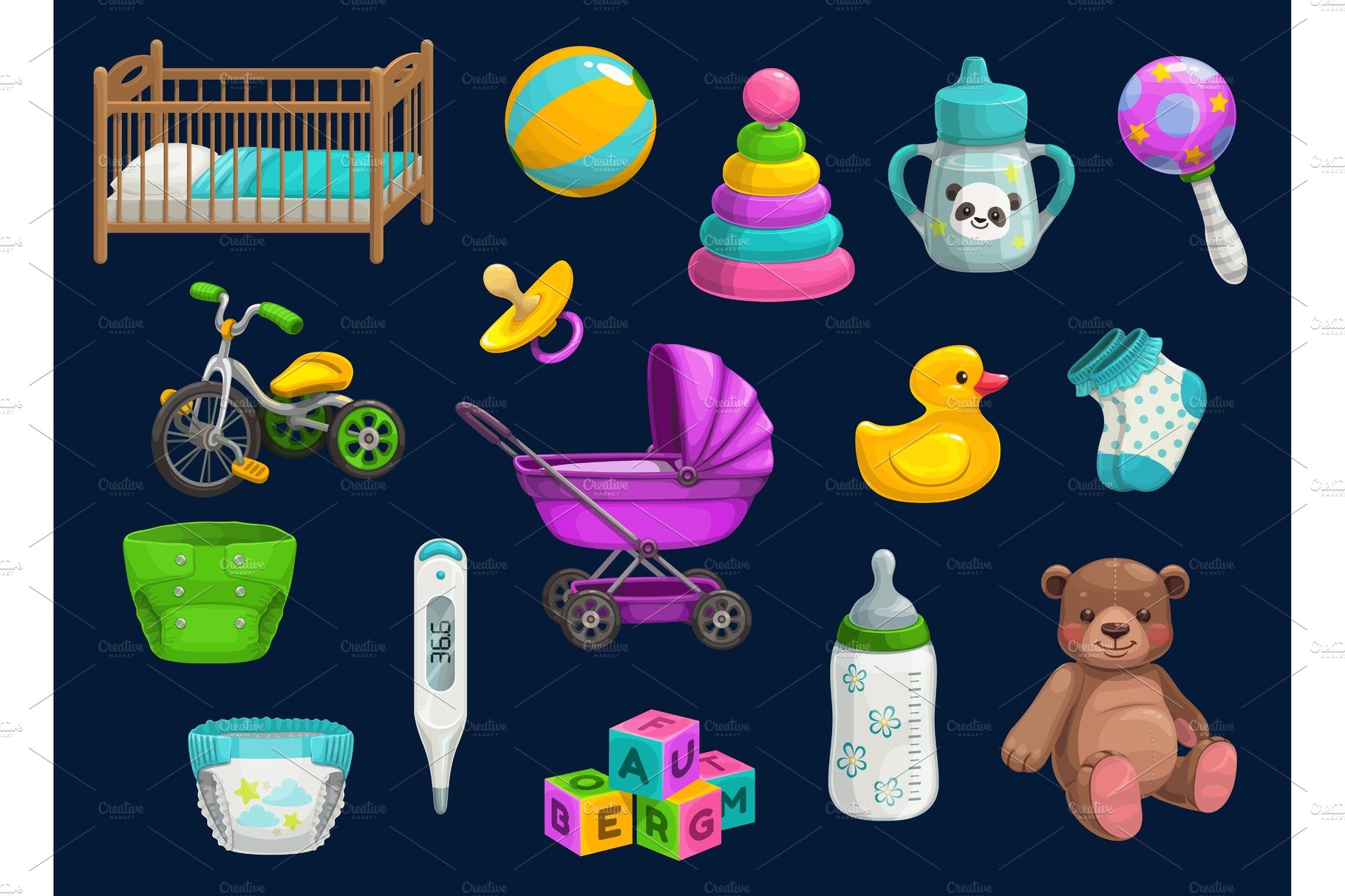 Baby bottle, toy, rattle, stroller cover image.