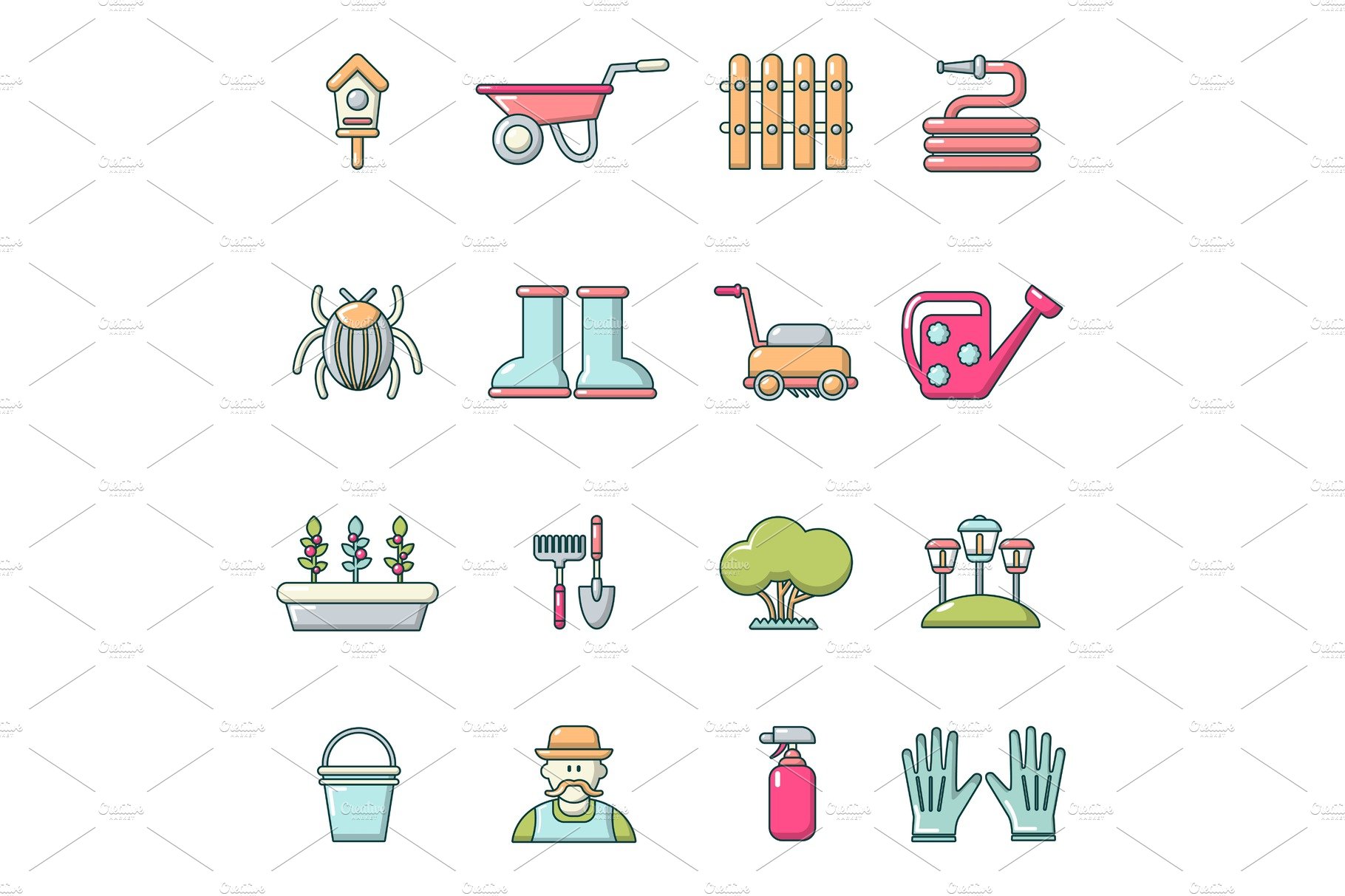 Gardener icons set, cartoon style cover image.