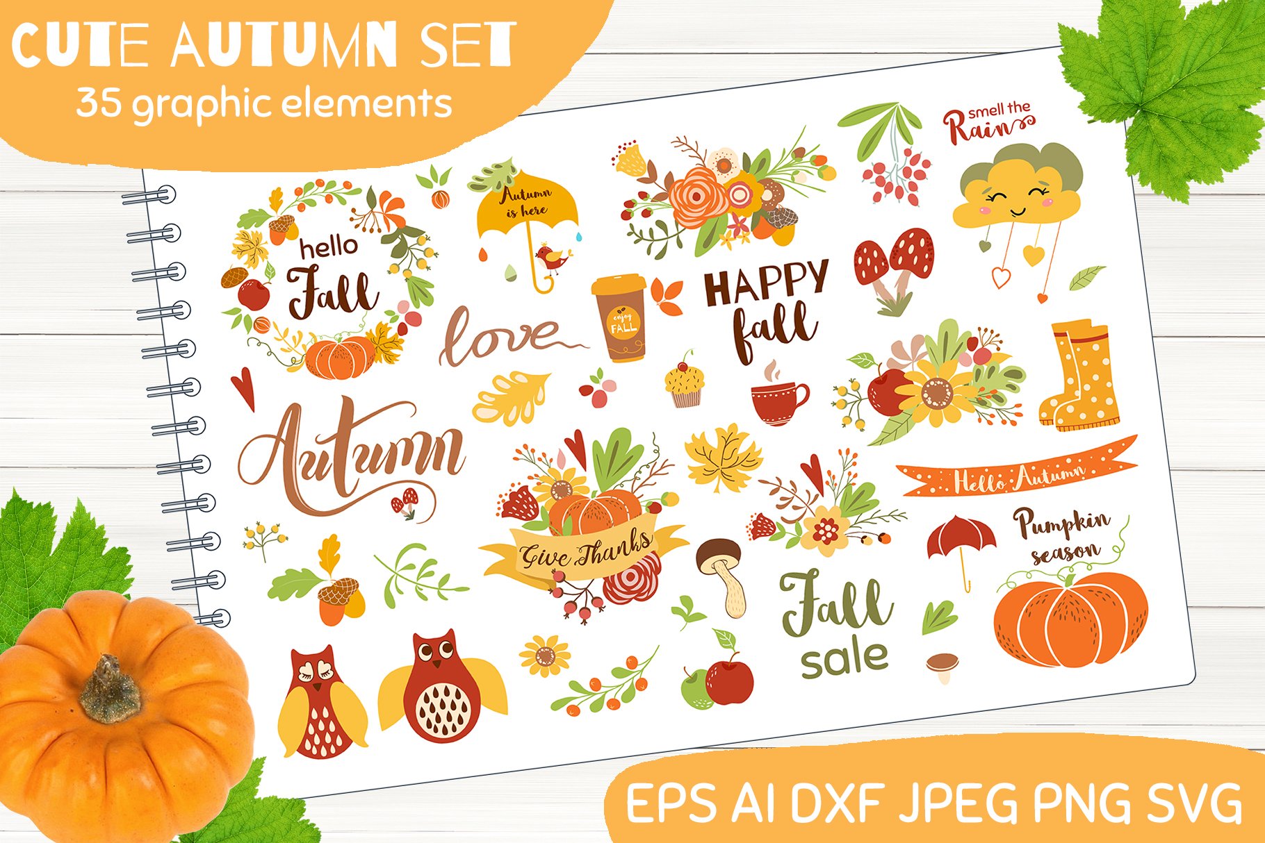 Cute fall clipart. Autumn logo set cover image.