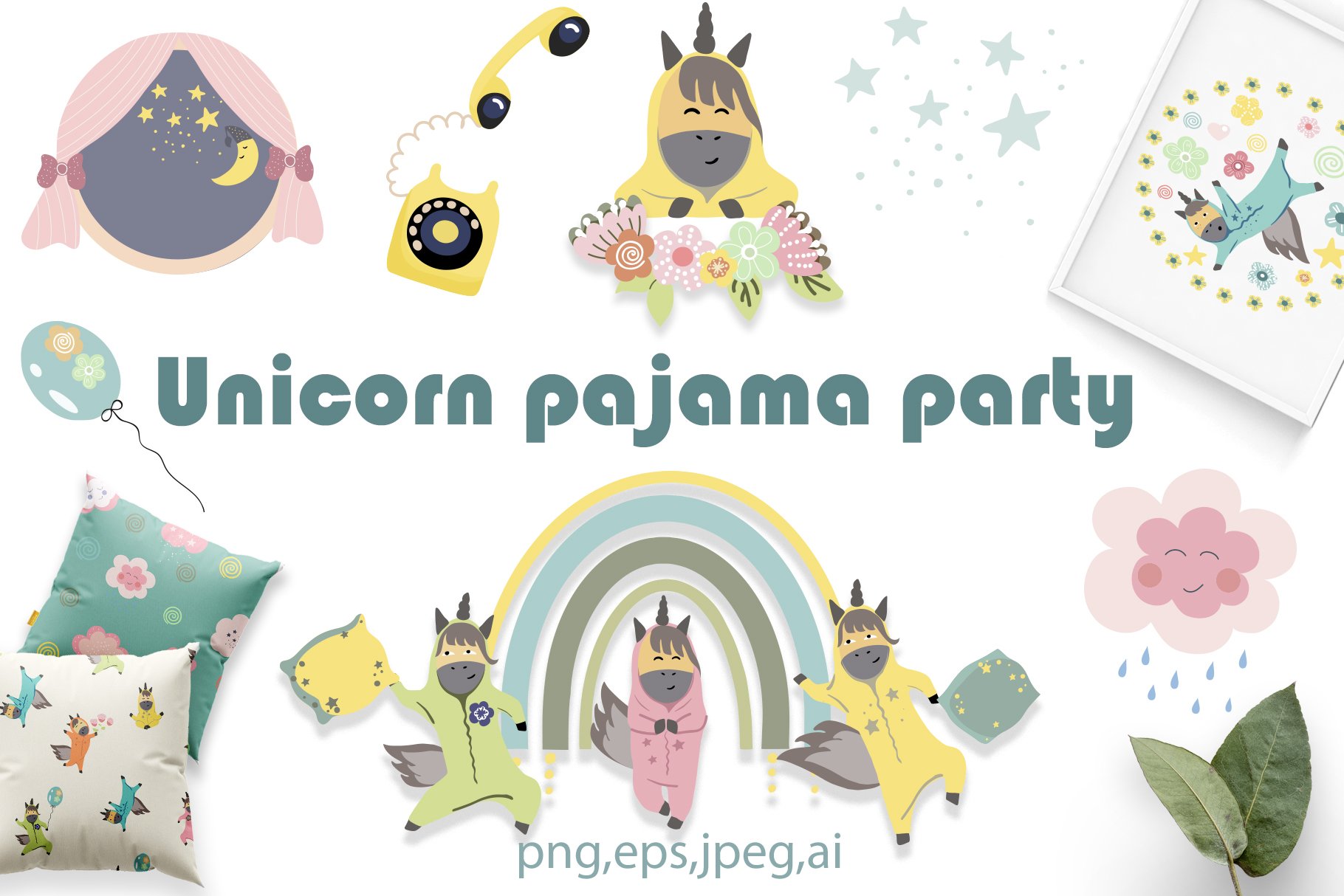 Unicorn pajama party clipart cover image.