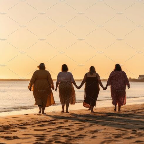 Group of fat womans in dresses enjoys the sea at sunset. Overwei cover image.