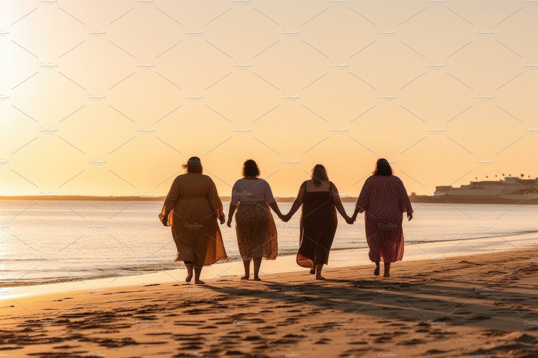 Group of fat womans in dresses enjoys the sea at sunset. Overwei cover image.