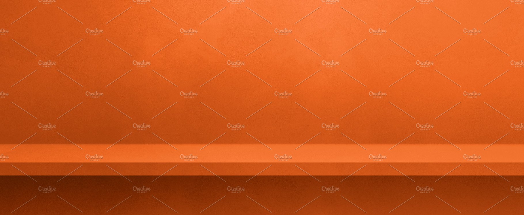 Empty shelf on a neon orange concrete wall. Background template. cover image.
