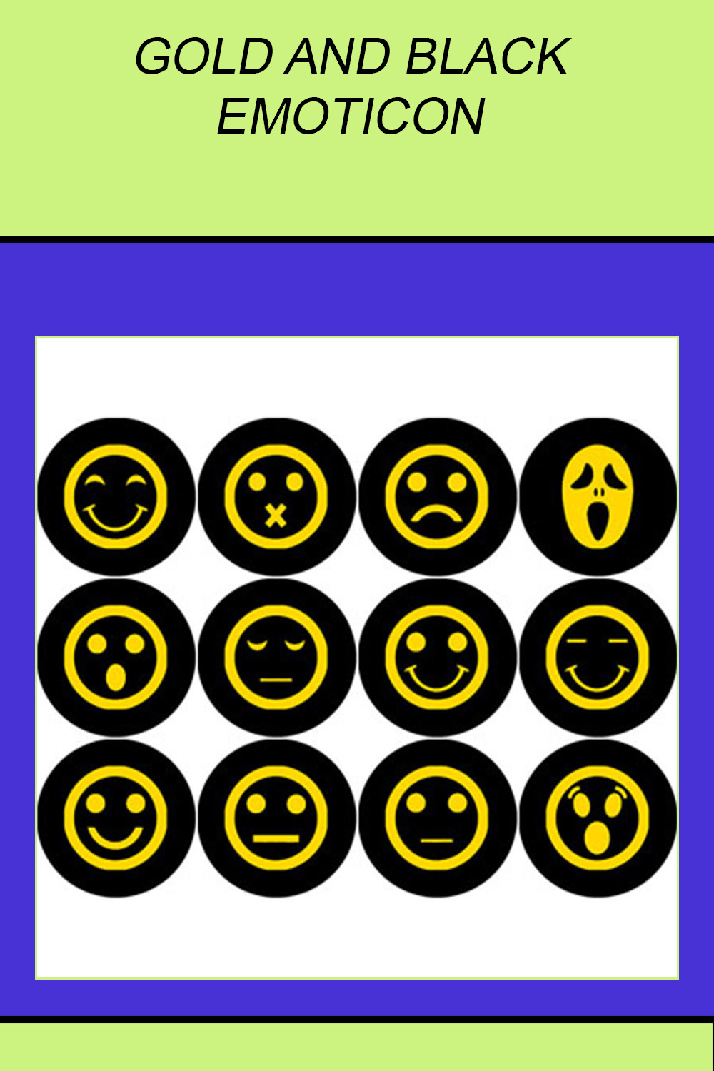 GOLD AND BLACK EMOTICON ROUND ICONS pinterest preview image.