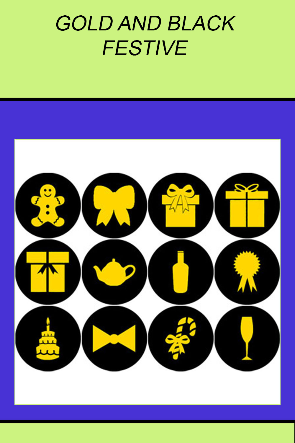 GOLD AND BLACK FESTIVE ROUND ICONS pinterest preview image.