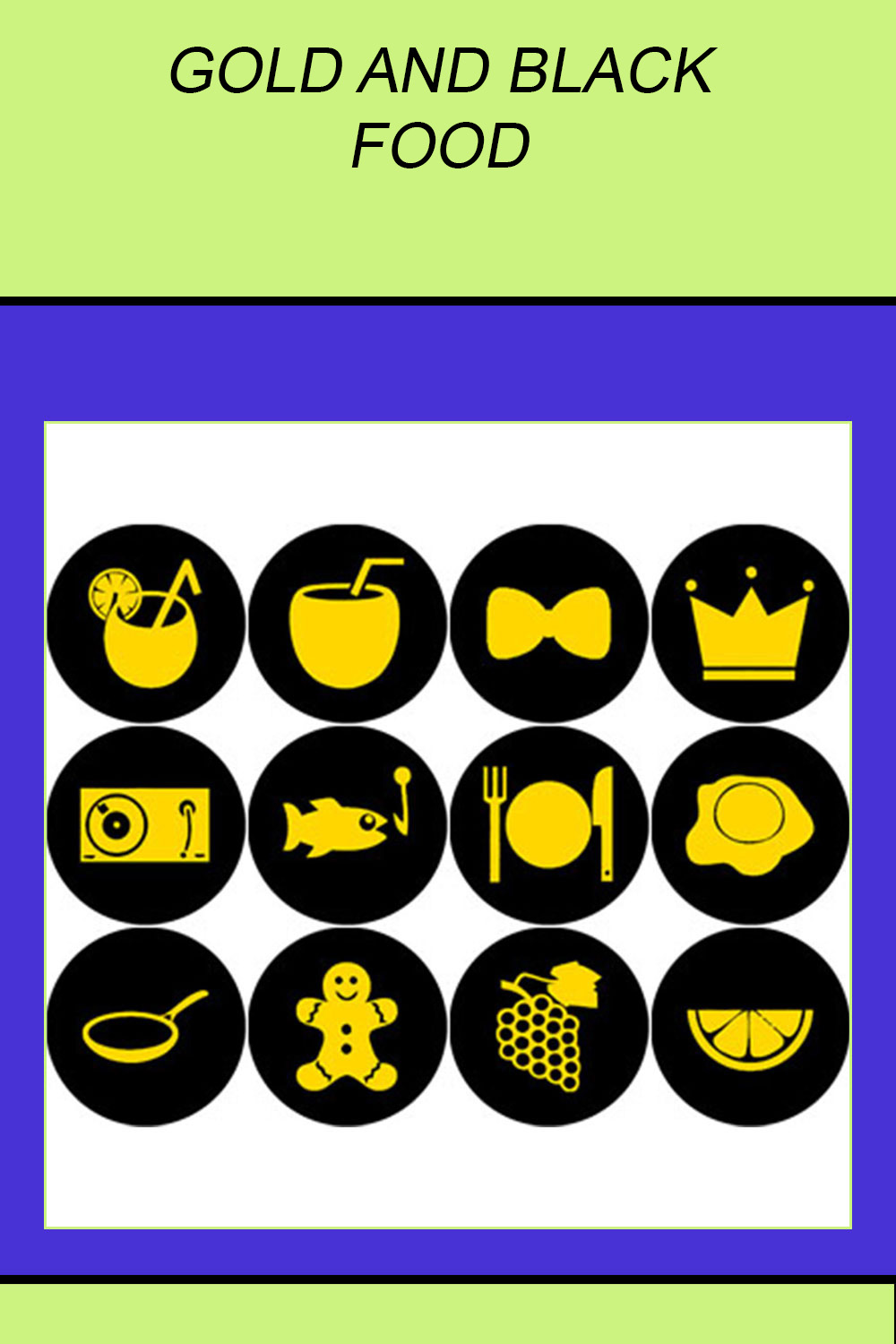 GOLD AND BLACK FOOD ROUND ICONS pinterest preview image.