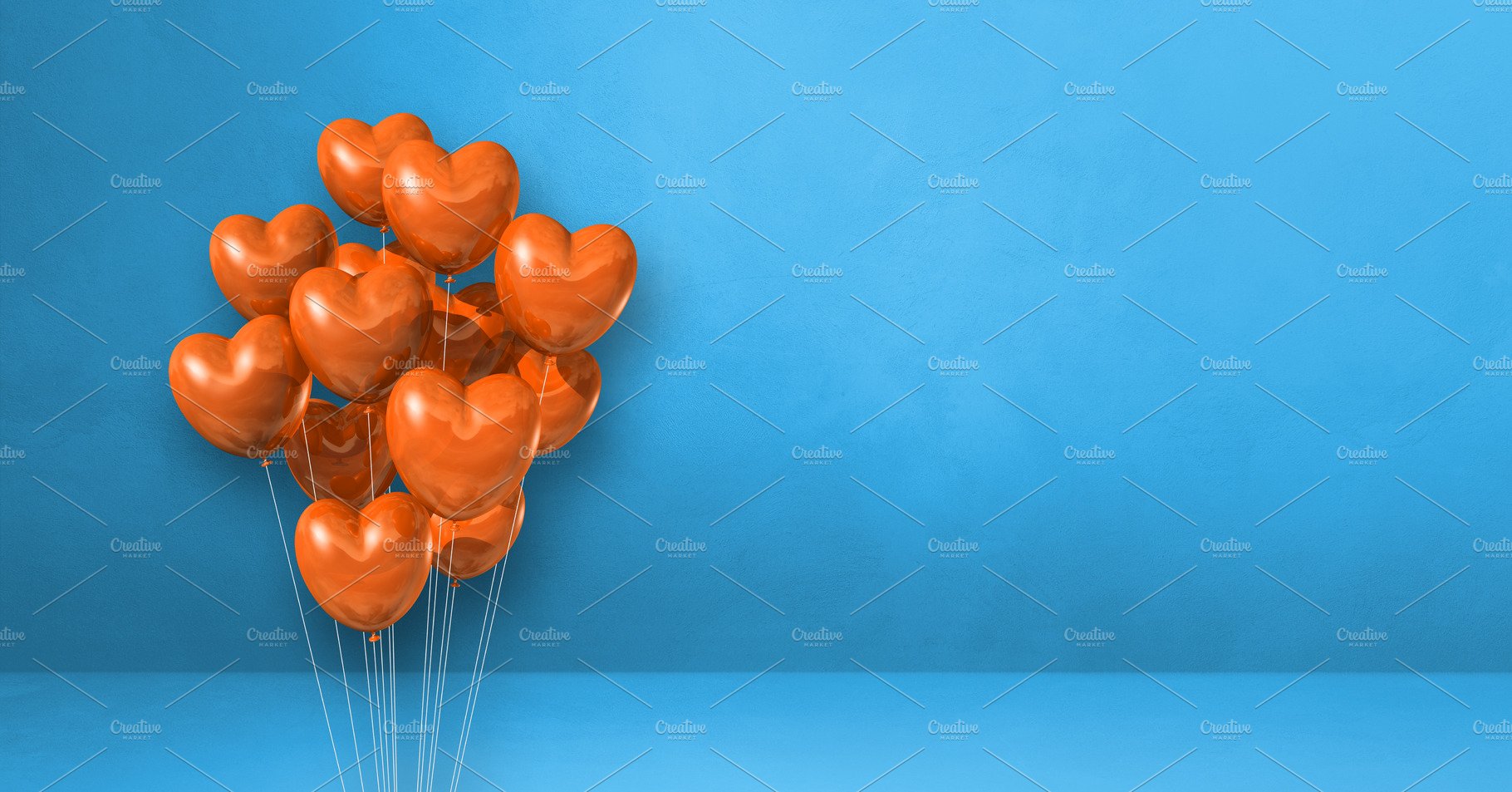 Orange heart shape balloons bunch on a blue wall background. Hor cover image.