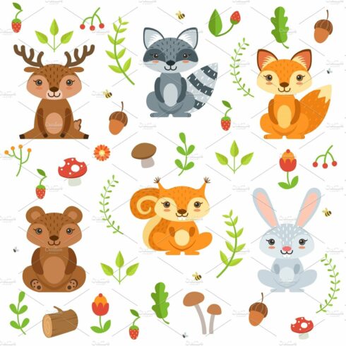 Funny forest animals and floral elements isolate on white background. Vecto... cover image.