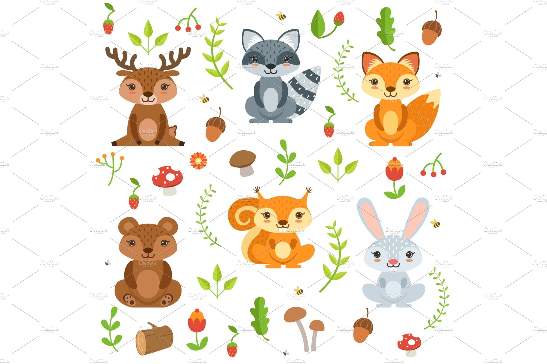 Funny forest animals and floral elements isolate on white background. Vecto... cover image.