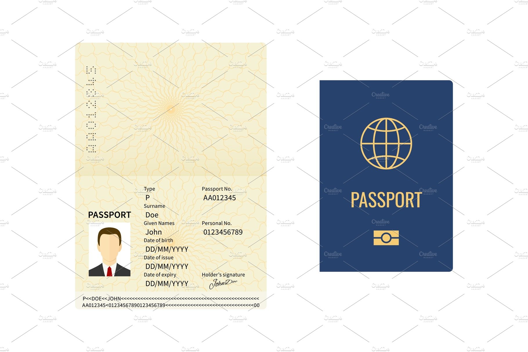 Passport template. Closed and open cover image.