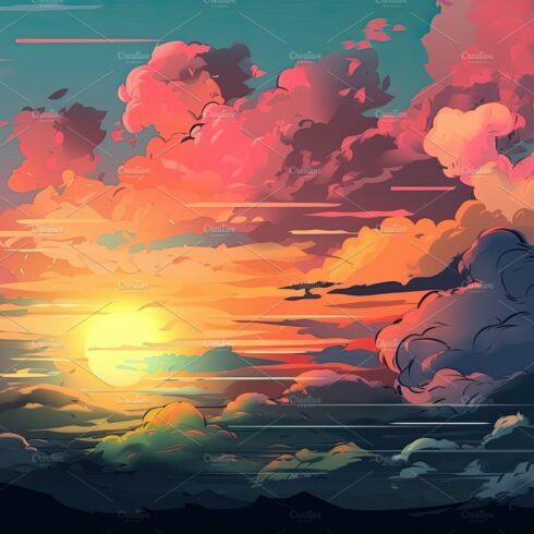 Illustrated sky with clouds, sun, stars, and sunrise or sunset. cover image.