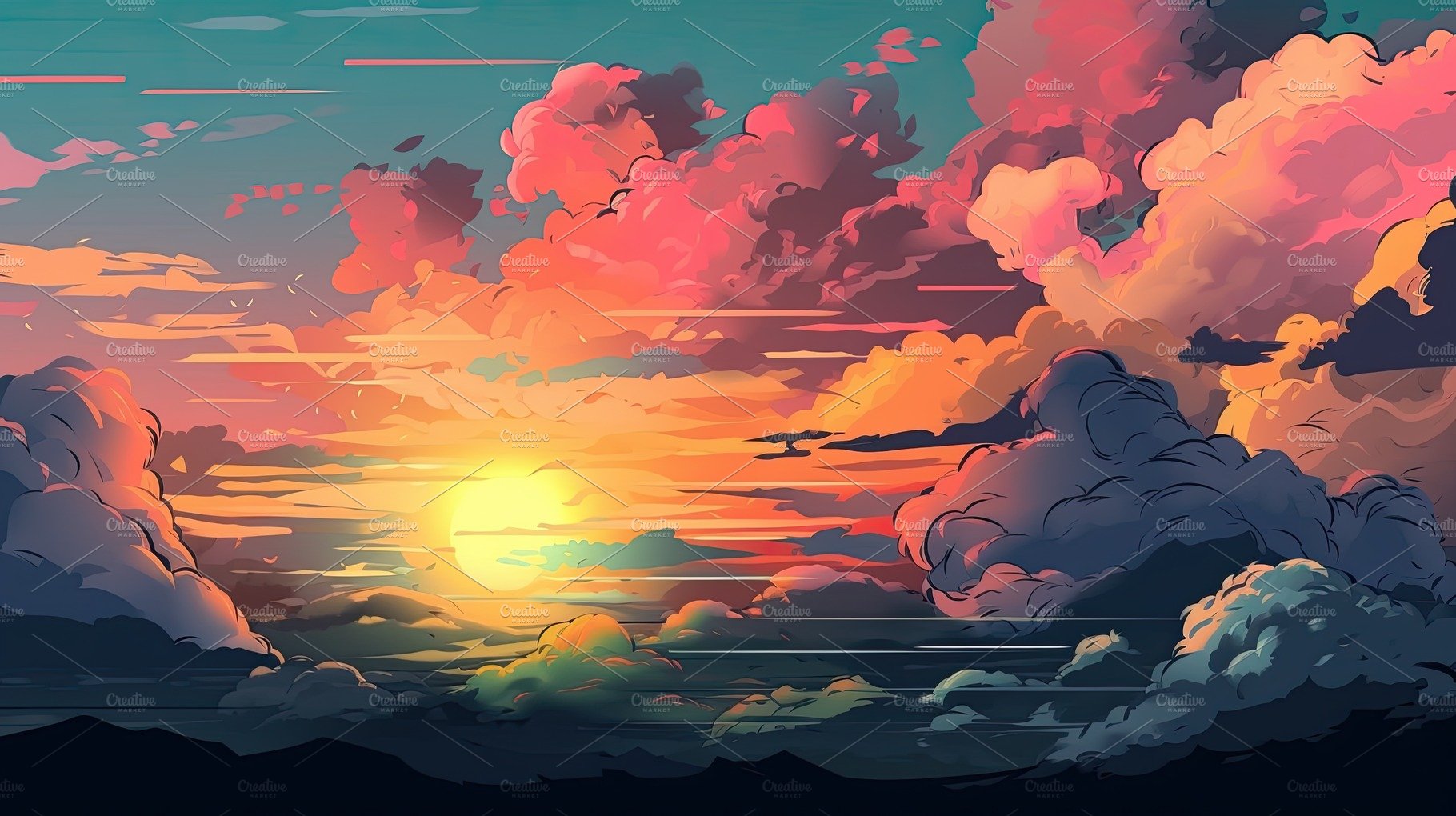 Illustrated sky with clouds, sun, stars, and sunrise or sunset. cover image.