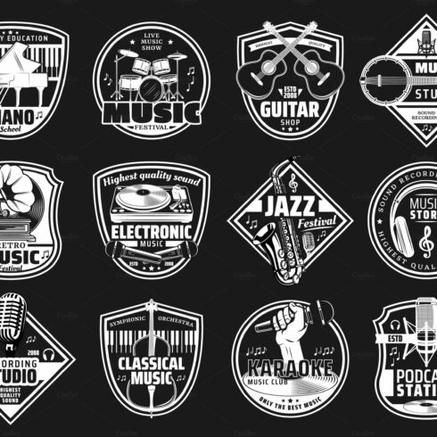 Music shop and record studio icons cover image.