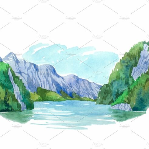 Natural summer landscape mountains and lake watercolor illustration. cover image.