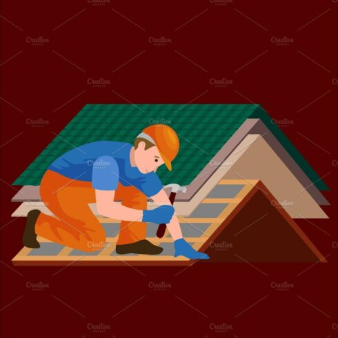 roof construction worker repair home, build structure fixing rooftop tile h... cover image.