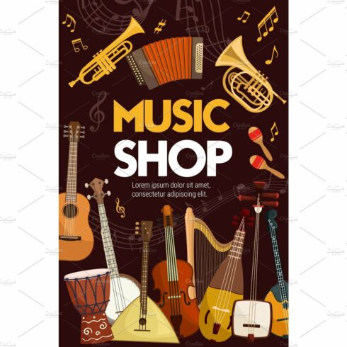 Music shop, folk band instruments cover image.