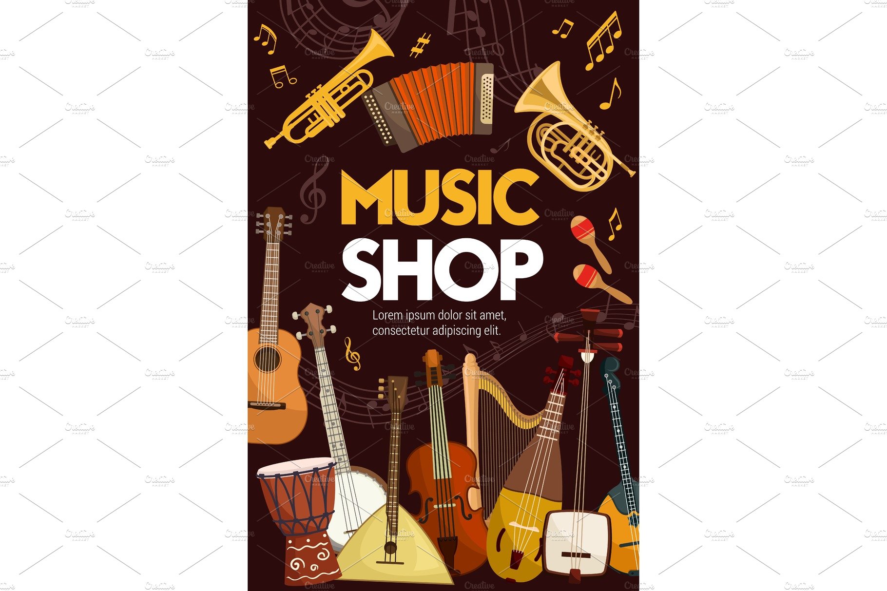 Music shop, folk band instruments cover image.