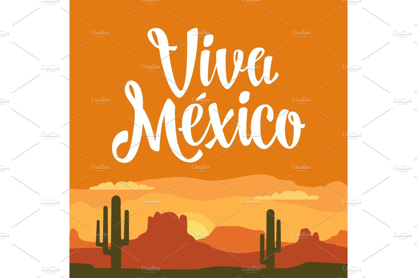 Panorama mountains and sunset sky with cactus. Vector flat illustration cover image.