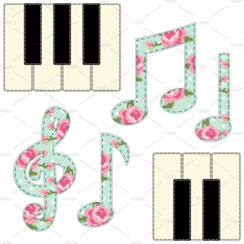 Cute fabric music notes and piano keys as applique in shabby chic style cover image.