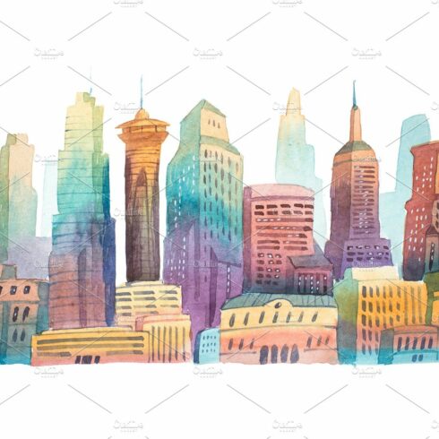 Watercolor drawing evening city at sunset cityscape aquarelle painting. cover image.