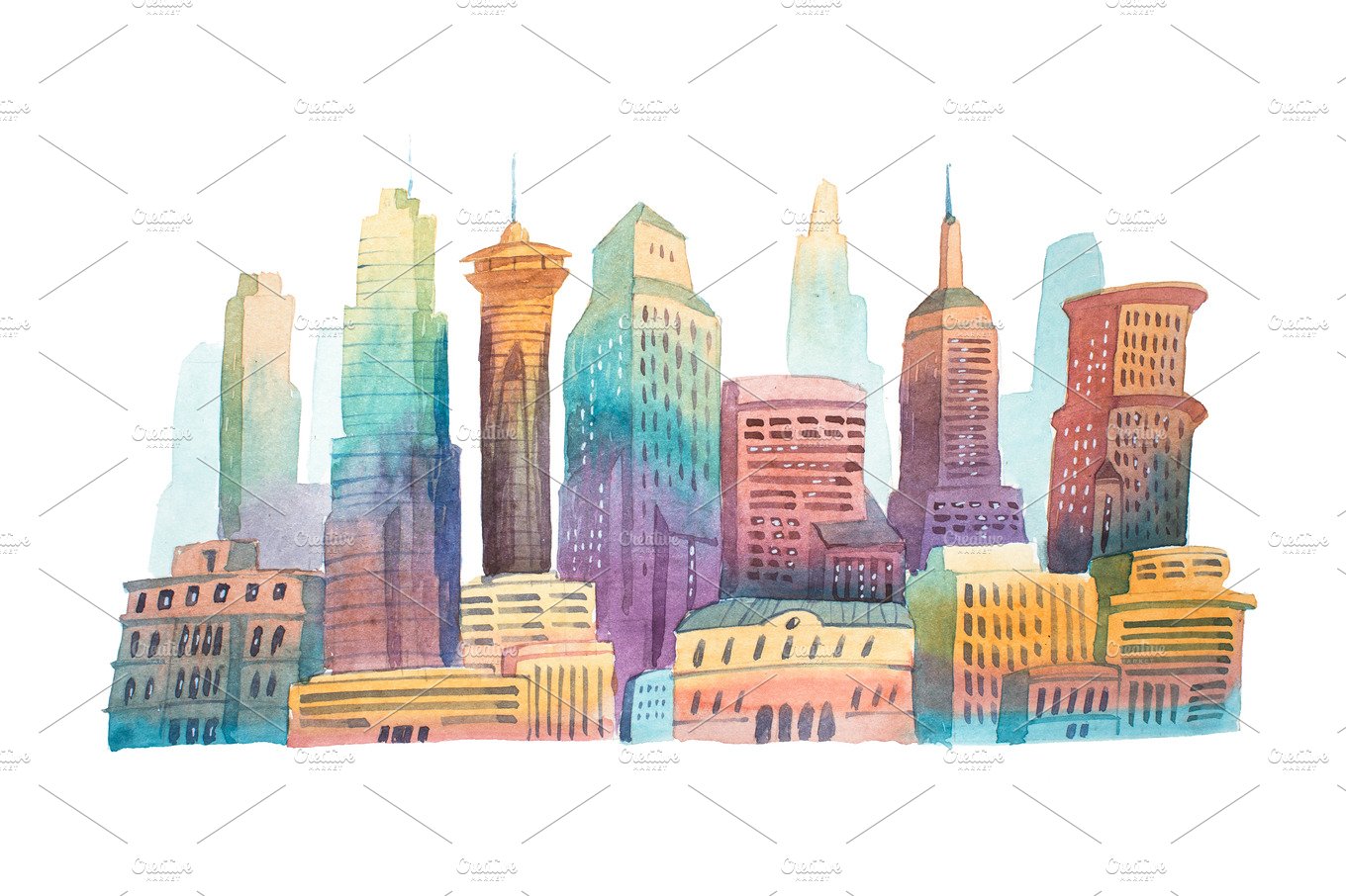 Watercolor drawing evening city at sunset cityscape aquarelle painting. cover image.