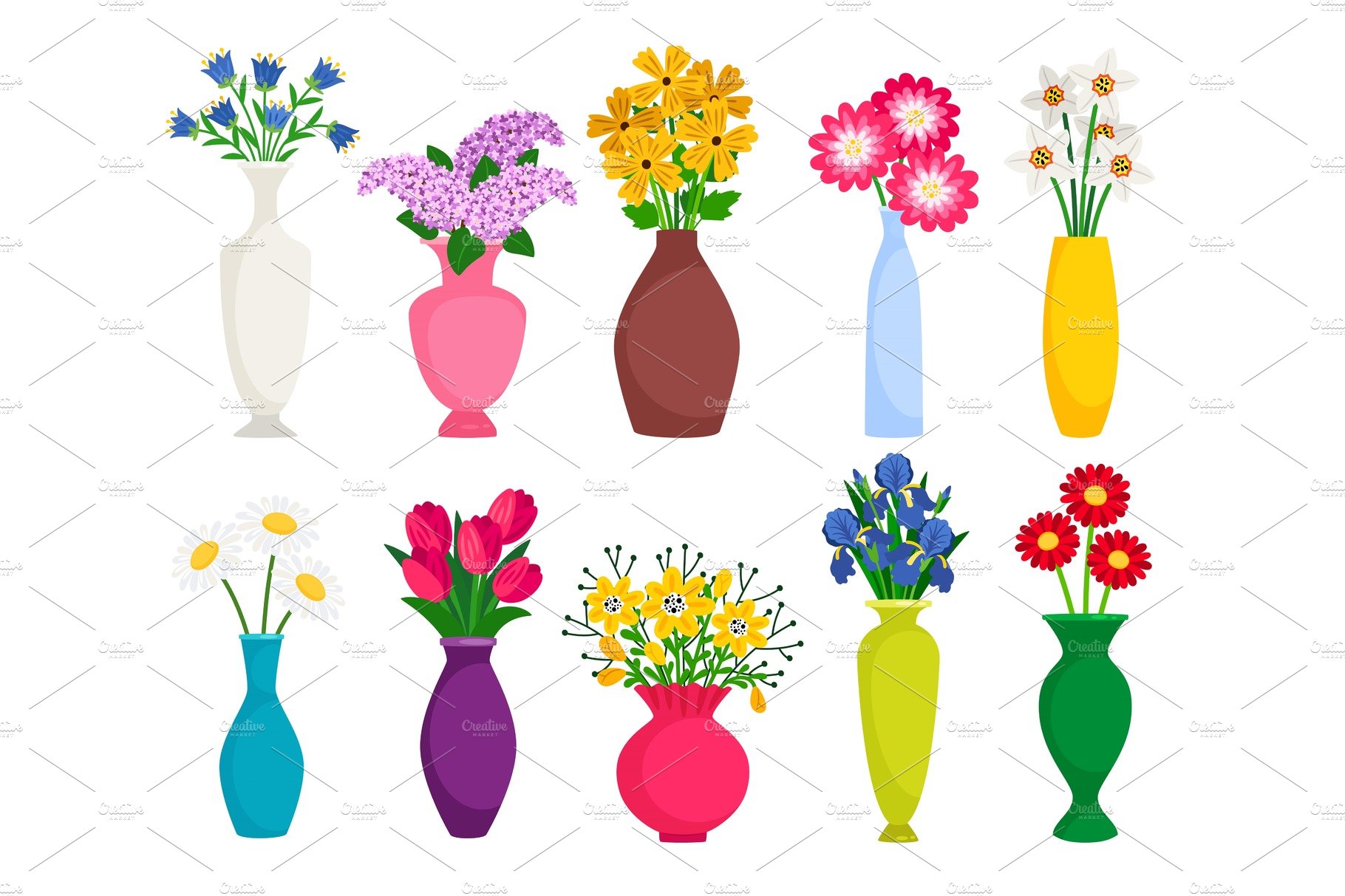 Set of colored vases with blooming cover image.