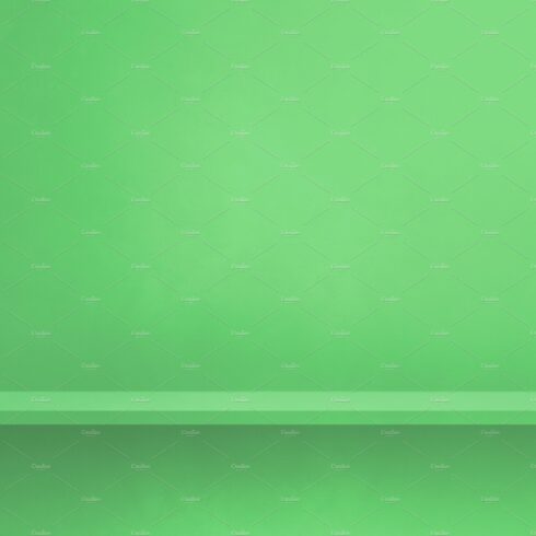 Empty shelf on a green wall. Background template. Square banner cover image.
