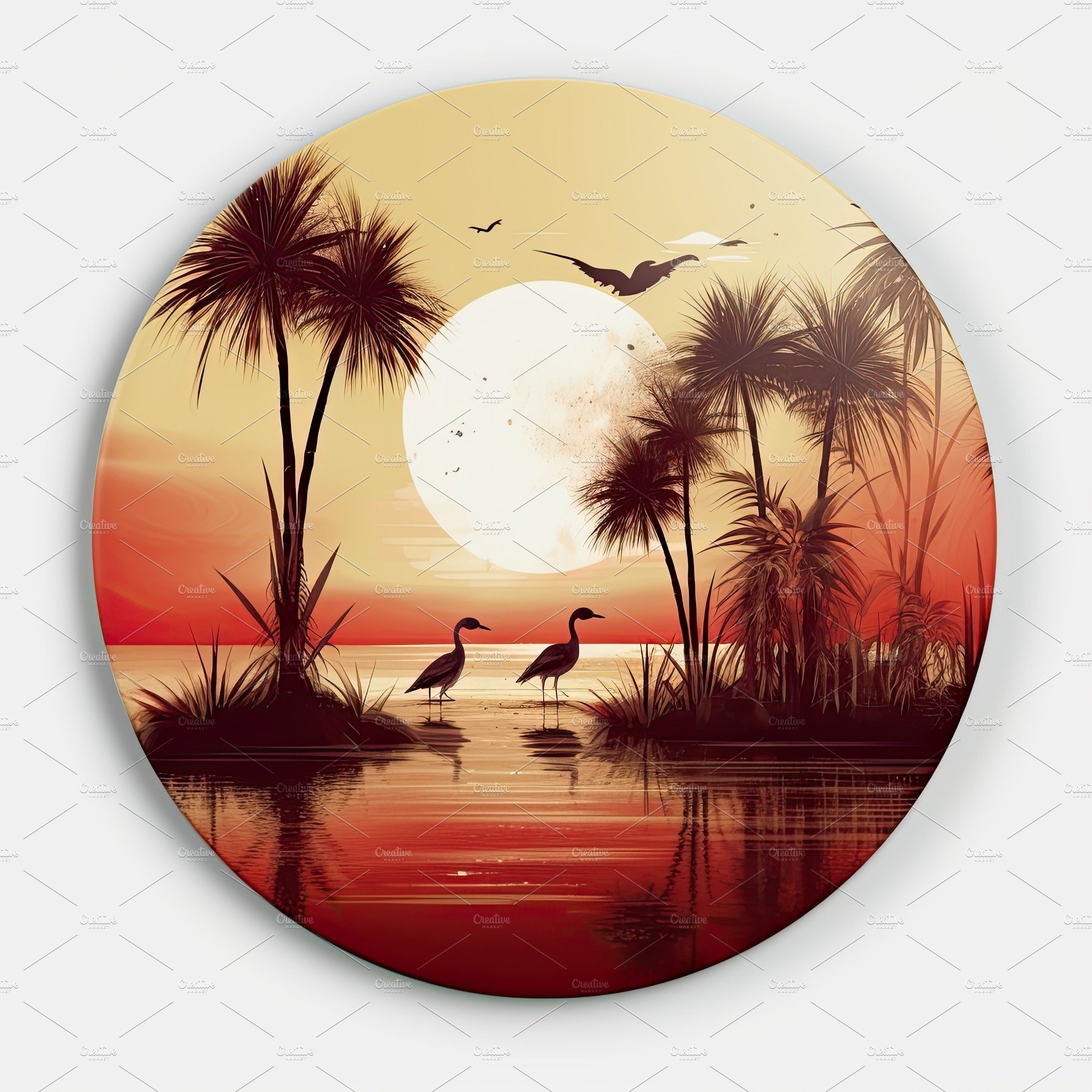 Orange sunset landscape in a circle. Evening on the beach with palm trees. ... cover image.