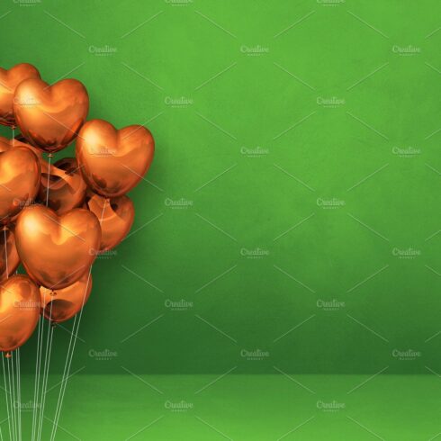 Copper heart shape balloons bunch on a green wall background. Ho cover image.