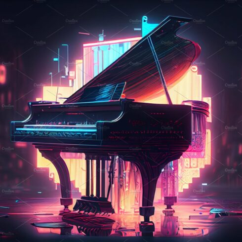 Piano standing in futuristic city street with neon lights illumination. Cyb... cover image.