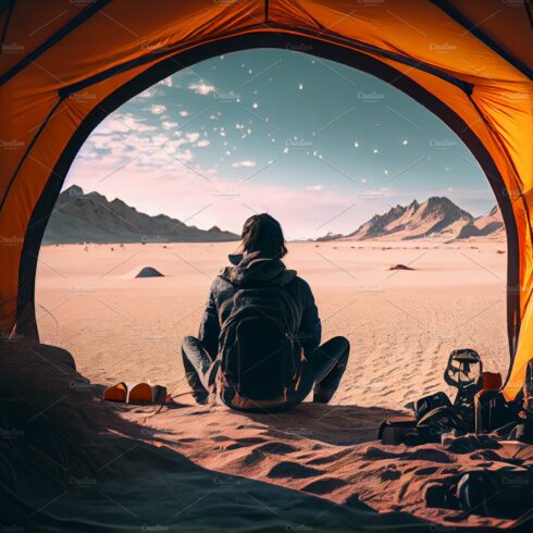 Camping on lake shore at sunset, view from inside tourist tent. Girl enjoy ... cover image.