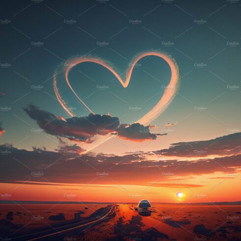 Heart shaped trail by plane in a sunset. Airplane flies above white clouds ... cover image.