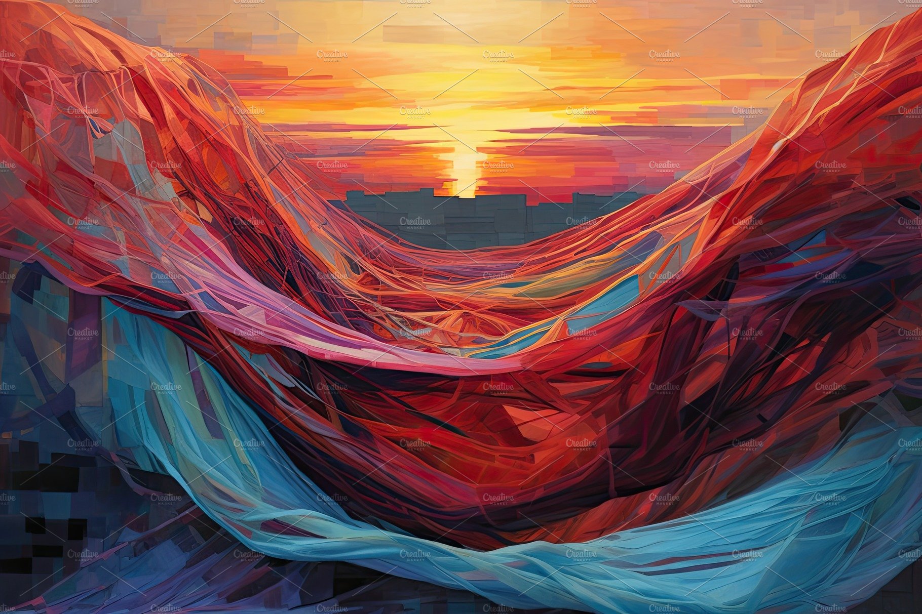 Colorful cloth weaved abstract painting over a sunset background cover image.