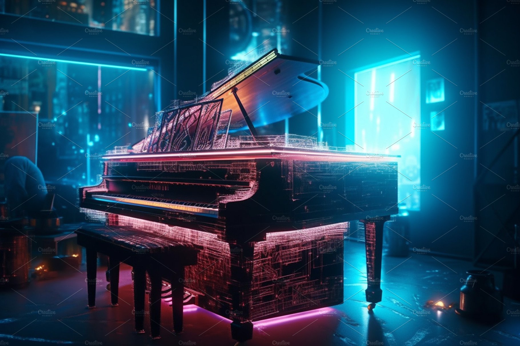 Piano standing in room with neon lights illumination futuristic interior. C... cover image.