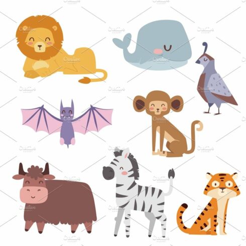 Cute zoo cartoon animals isolated funny wildlife learn cute language and tr... cover image.