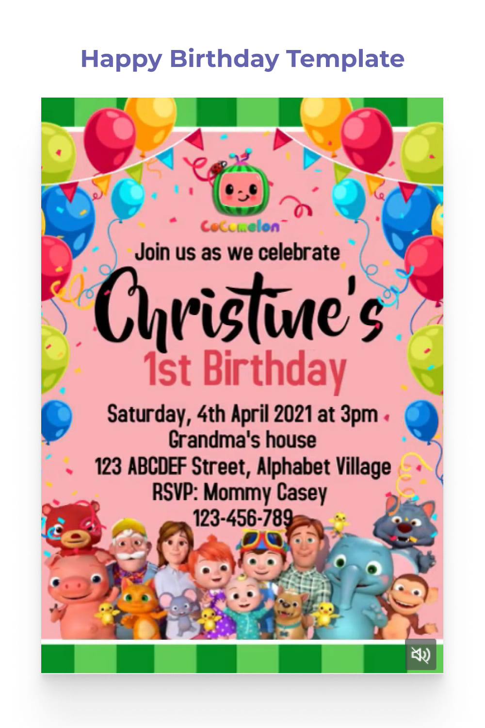 Pink birthday invitation with Cocomelon characters.
