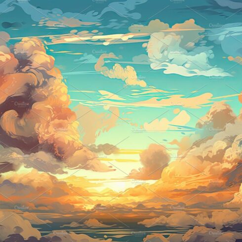 Illustrated sky with clouds, sun, stars, and sunrise or sunset. cover image.