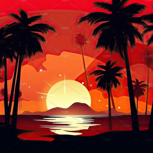 Orange sunset landscape. Evening on the beach with palm trees. G cover image.