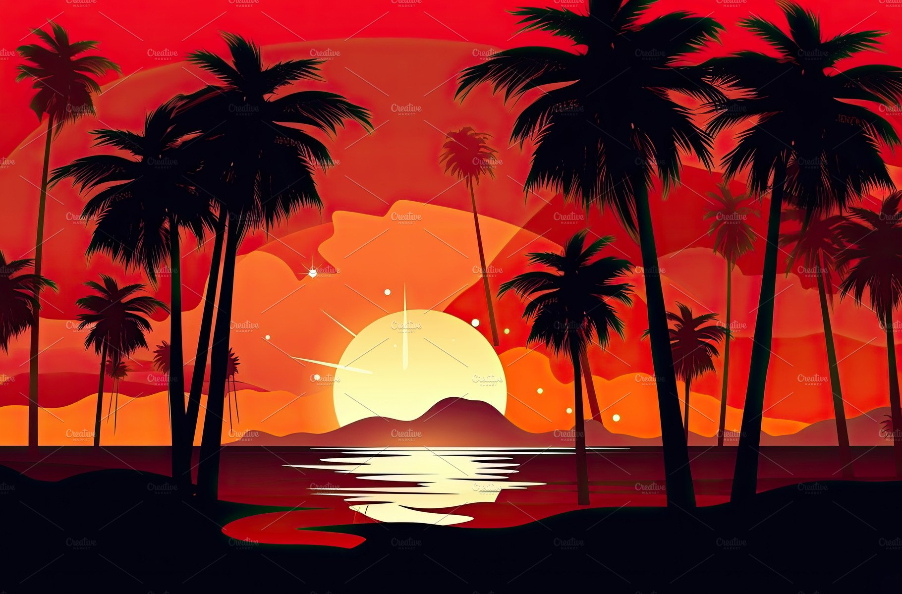 Orange sunset landscape. Evening on the beach with palm trees. G cover image.