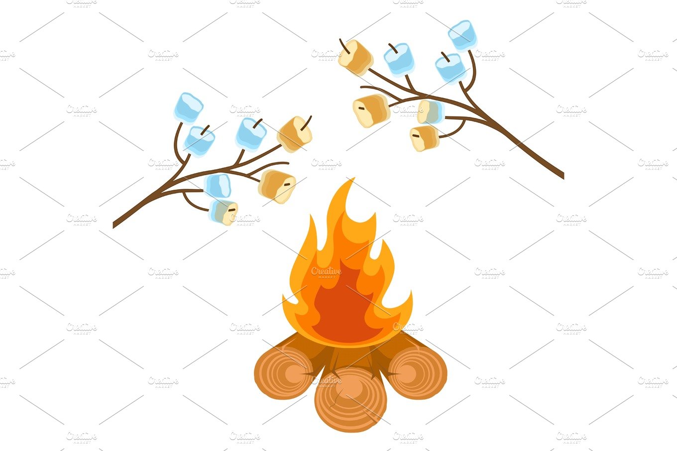 Marshmallow on tree branches cooked on bonfire vector illustration cover image.