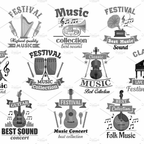 Music instrument emblem for musical design cover image.